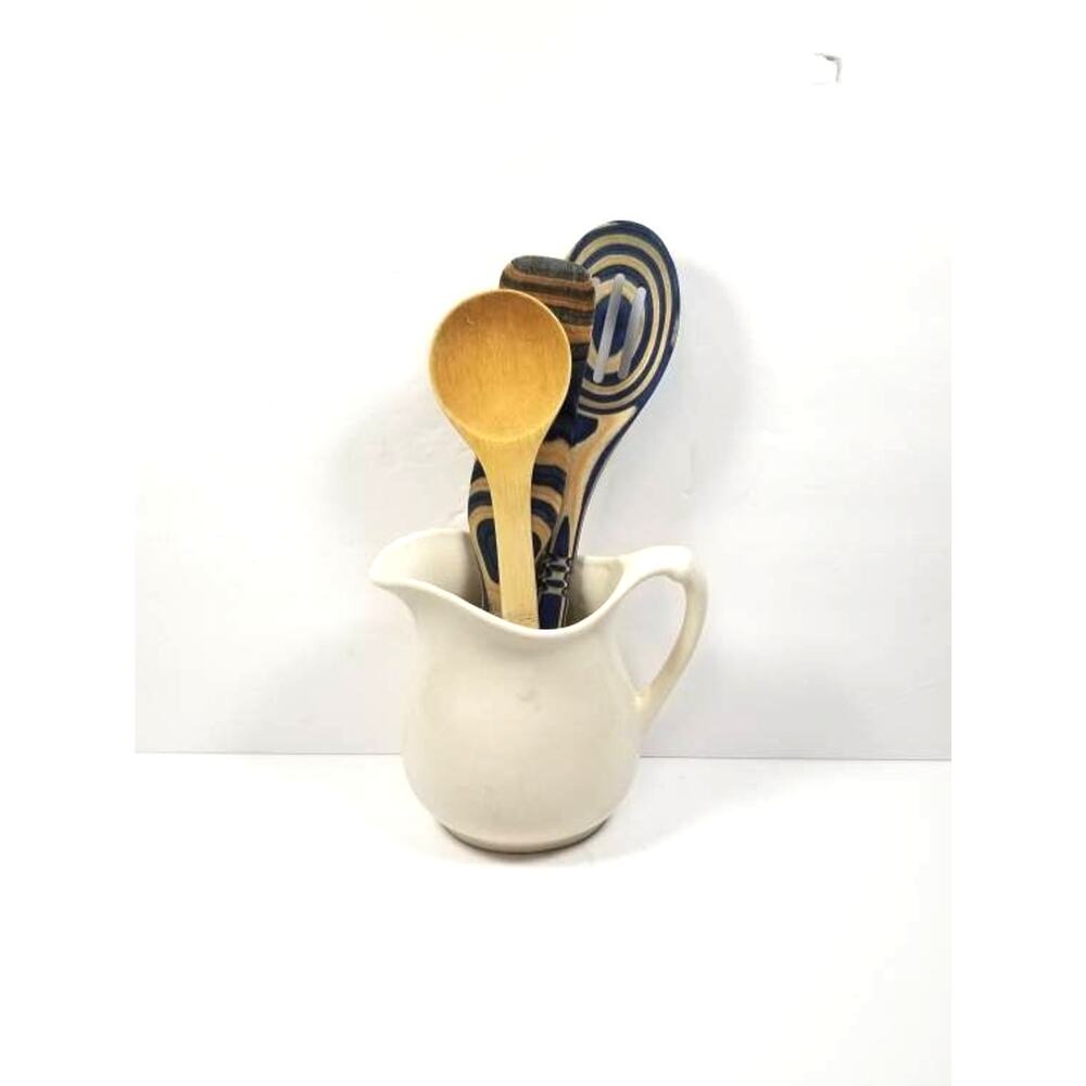 Vintage White Ironstone Milk Pitcher, Farmhouse Ceramic Utensil Holder Vase 6"